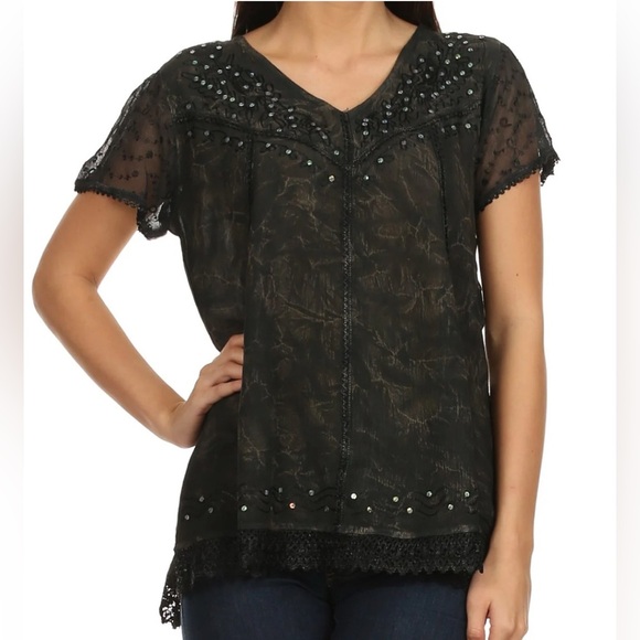 Sakkas Women’s Plus 2X Hope Embroidery & Sequin Accents Cap Crepe Sleeves Blouse - Picture 1 of 12